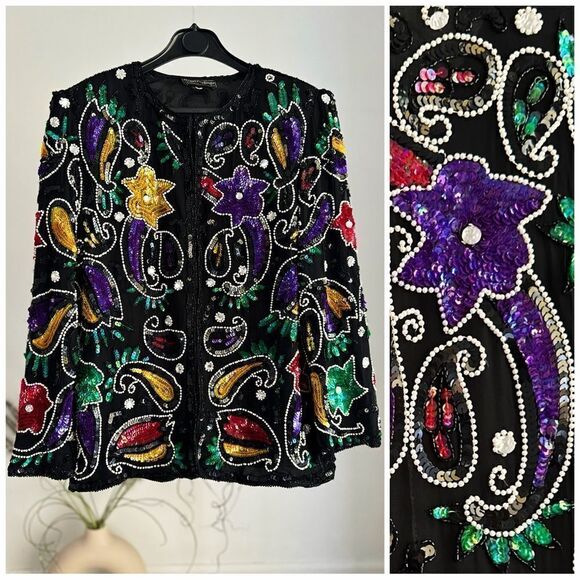 80'S LADIES VINTAGE SEQUIN BEADED TROPHY EVENING JACKET ROYAL FEELINGS - Picture 1 of 8